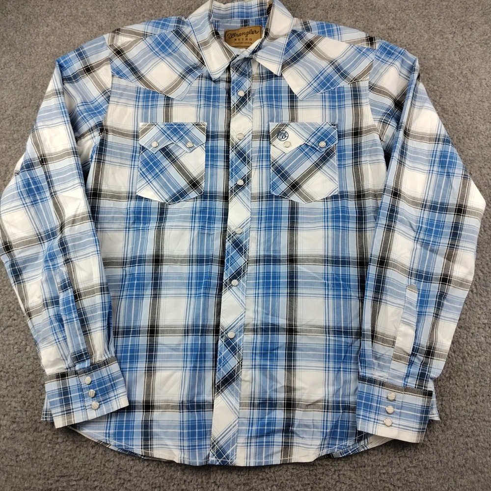 Wrangler Western Shirt Mens Large Retro Blue Plaid Pearl Snap Sawtooth EUC